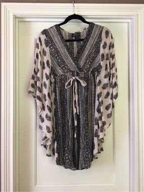 Angie Boho Black & Cream Printed Tie-Front Tunic